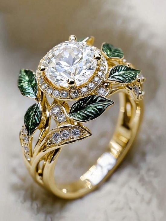 Jewelry - Gold Leaf Solitaire Ring with Green Enamel Accents